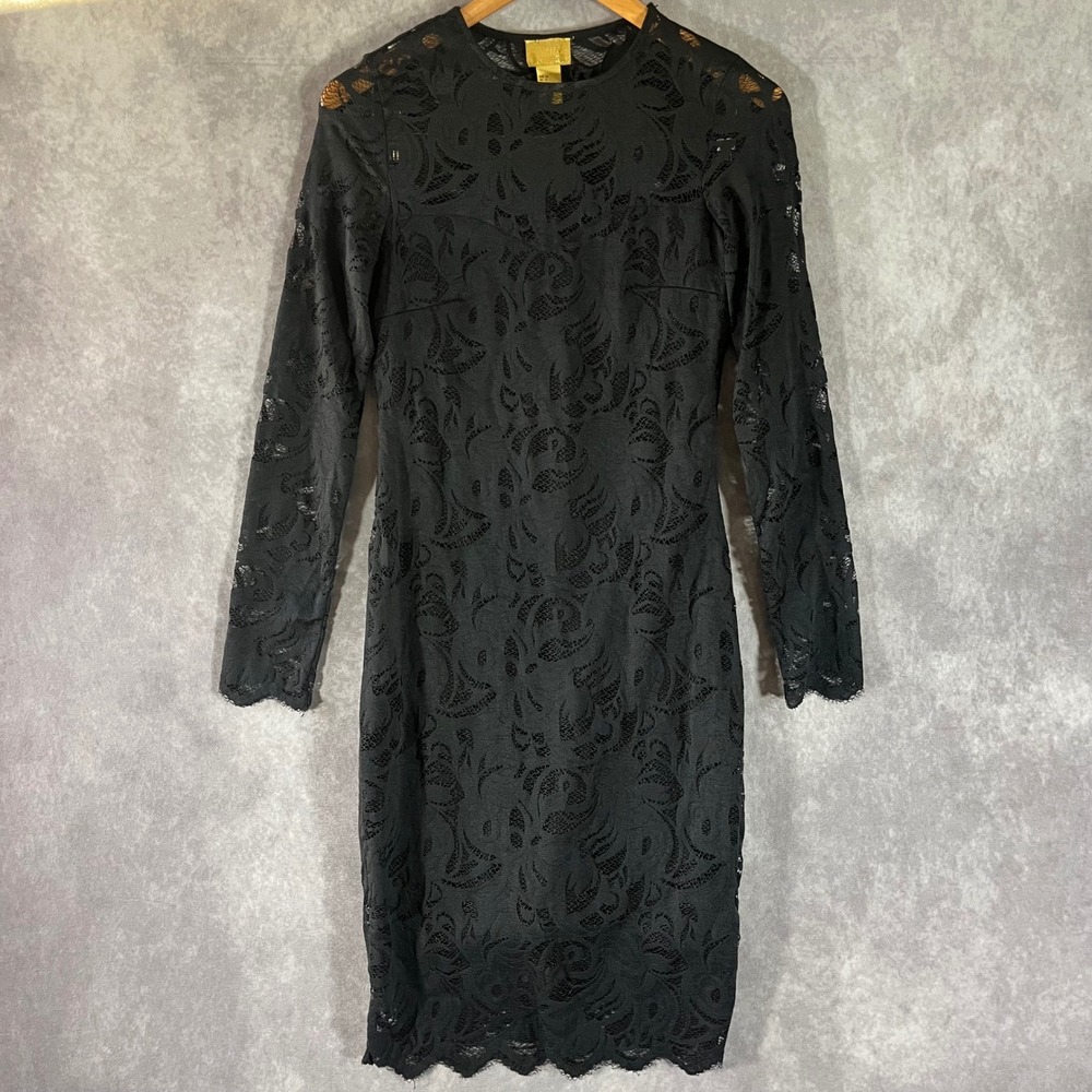 H&M Lace Bodycon Dress Women 6 Black Long Sleeve Floral Sheer Scallop Hem Goth